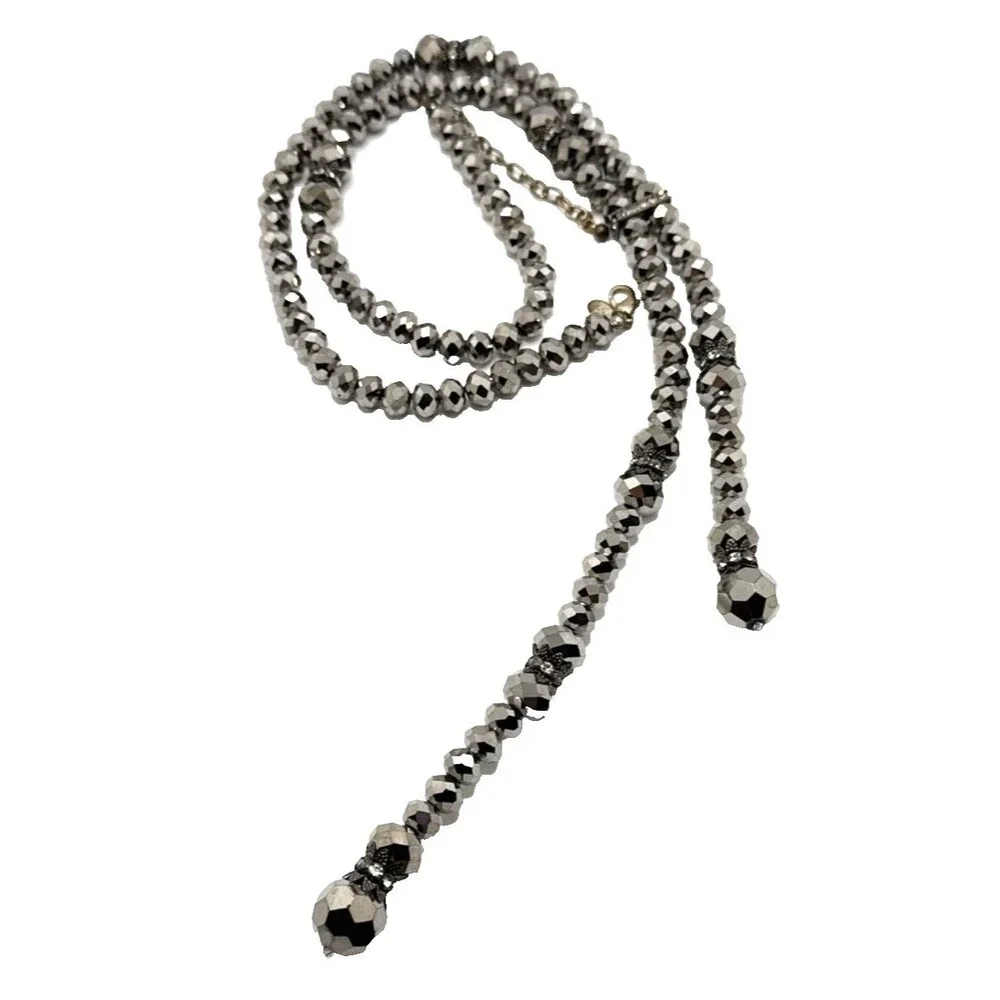 Vintage JOAN RIVERS Hematite Faceted Bead Lariat Necklace Rhinestone Accents 28